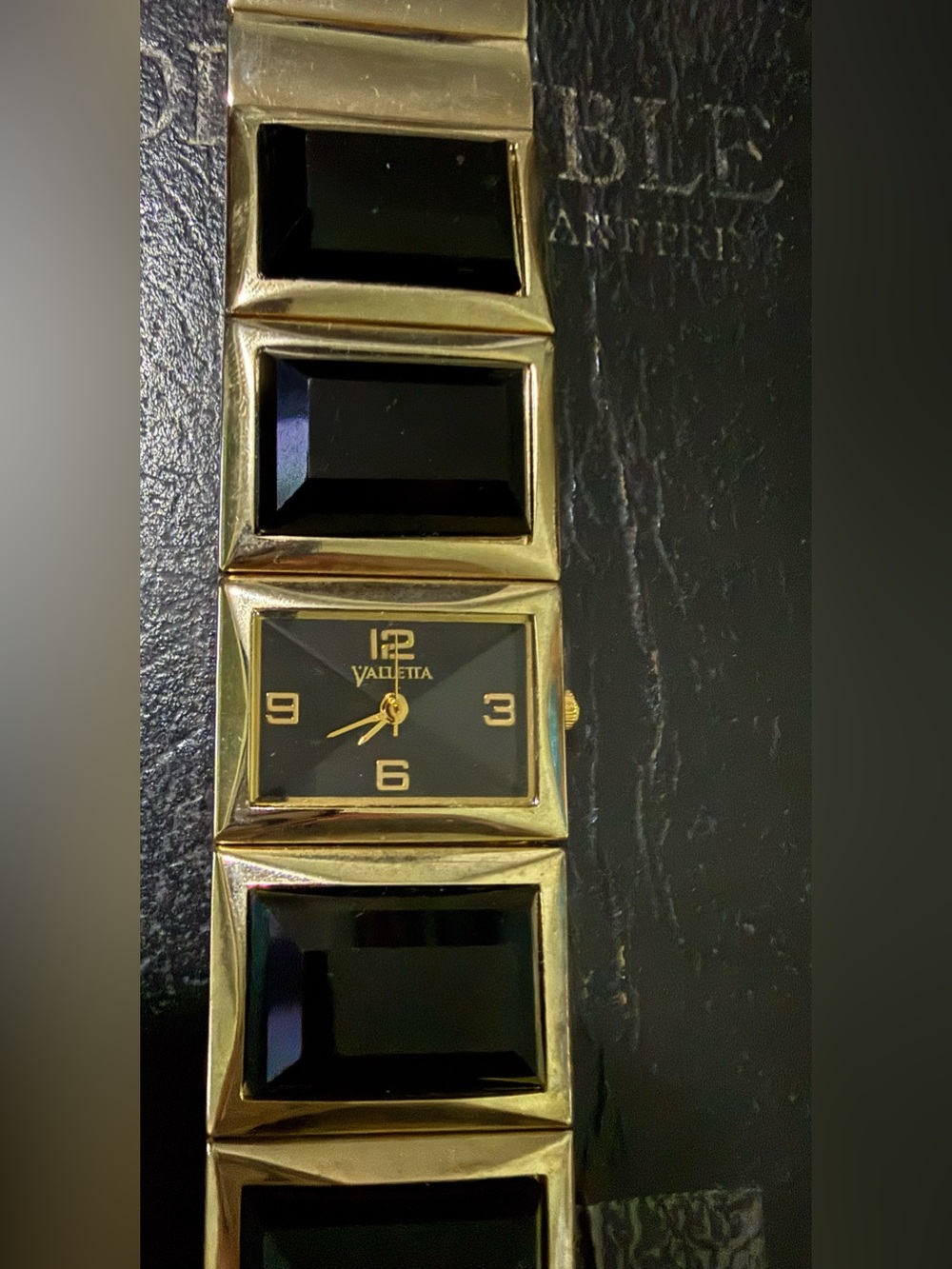 Valletta ZRT20012 Mens Rectangle Gold Tone Black Dial Onyx Quartz Bracelet Watch